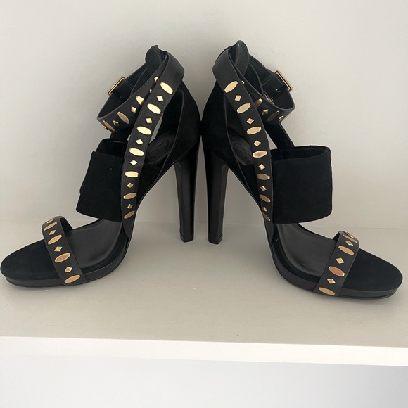 Tory Burch Verona Size 6.5 Black Suede Gold Studded High Heels - Picture 1 of 9